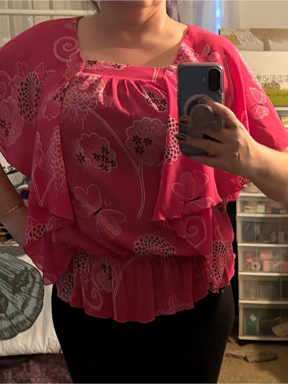 Pink white and black floral print top with ruffled sleeves
